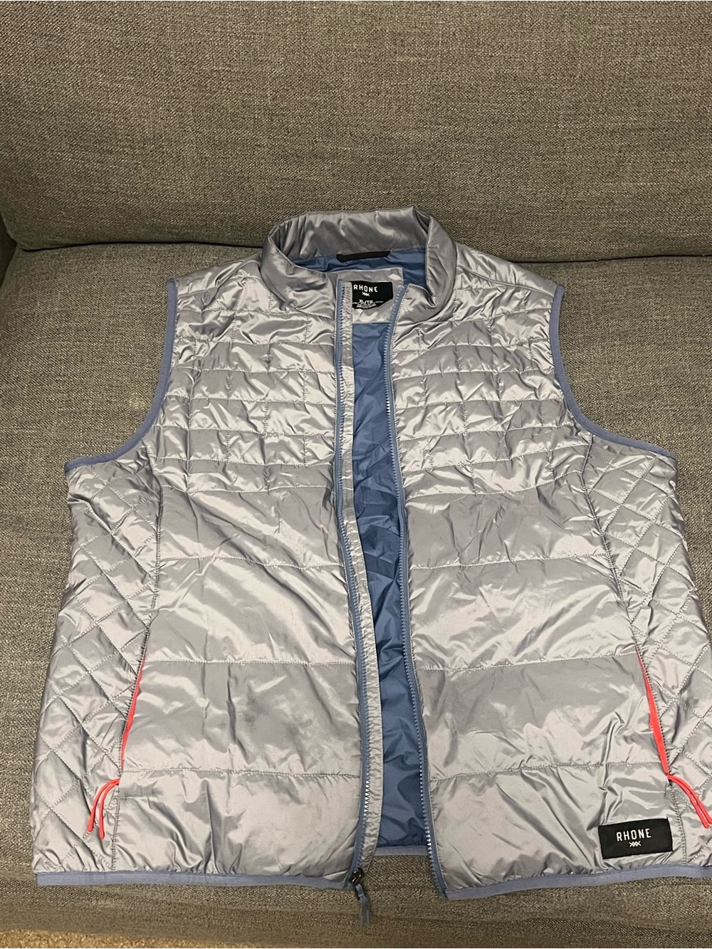 RHONE Silver Quilted Puffer Vest with Blue Lining and Coral Zips